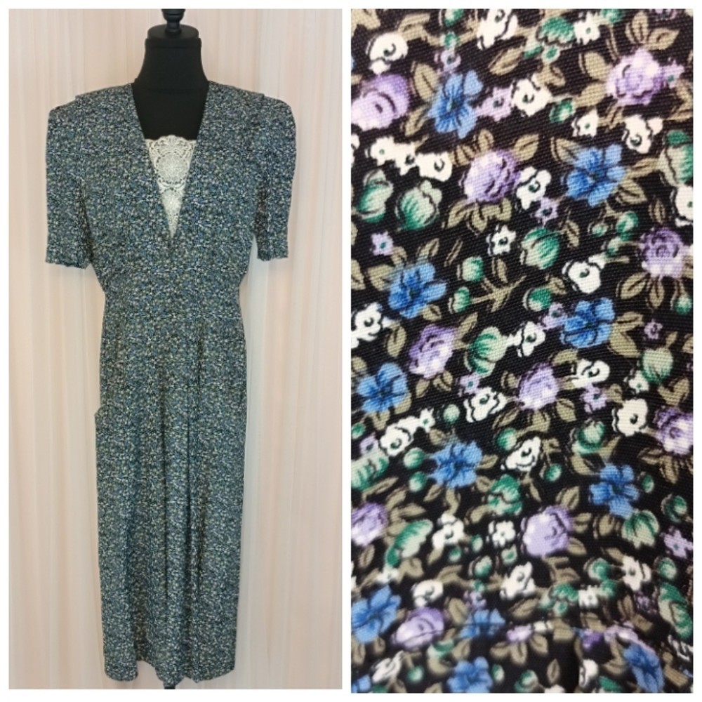 Vintage Karin Stevens Prairie Floral Maxi Dress with Cream Lace Inset, size 12